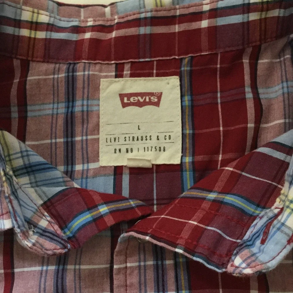 Levi's Strauss Shirt Mens Pearl Snap L Red Blue Plaid Western Cowboy Rodeo‎ SS